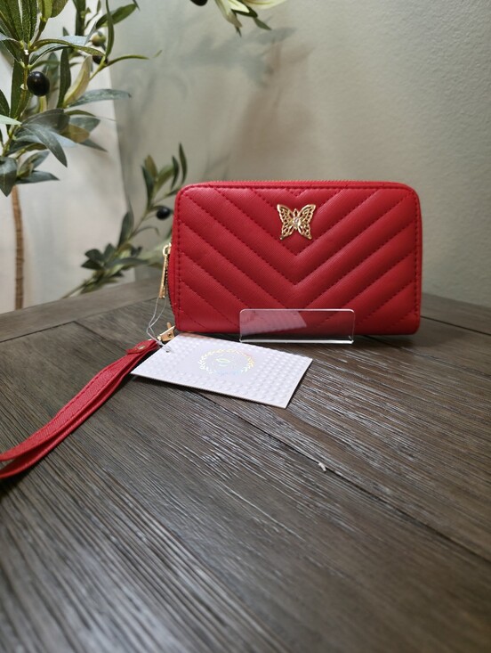 Handbags - NWT Red Quilted Wristlet Wallet with Gold Butterfly Accent